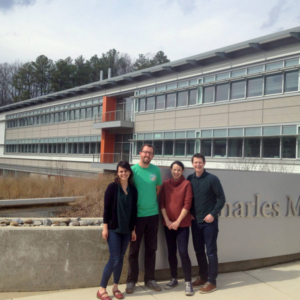 Left to right: Ecologists Christina Simkanin, Ian Davidson, Grace Cott and John Devaney in front of the Mathias Lab at the Smithsonian Environmental Research Center. (Credit: Maria Sharova/SERC)