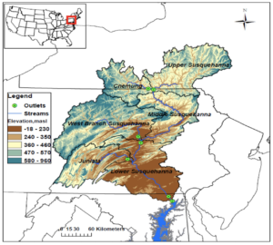 "Location of the Susquehanna River Basin, major subbasins, and elevation features," from Wagena et al 2019.