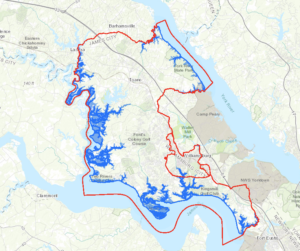 Map showing sea level rise in 2020 in Williamsburg. All maps are free online. 
