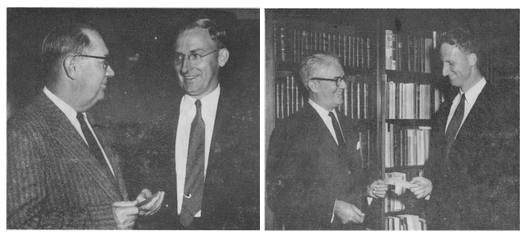 In one of their earlier collaborations, the brothers worked on a project funded by the US Atomic Energy Commission on the ecosystem function at Eniwetok Atoll, where the US tested nuclear weapons. Their work focused on the importance of coral reef ecosystems and was awarded the Mercer Prize from the Ecological Society of America in 1956. Left: President O.C. Aderhold (left), University of Georgia, presents Dr. Eugene P. Odum the George Mercer Award. Right: Dr. Howard T. Odum (right) receives the award from Dr. Logan Wilson (left). Source