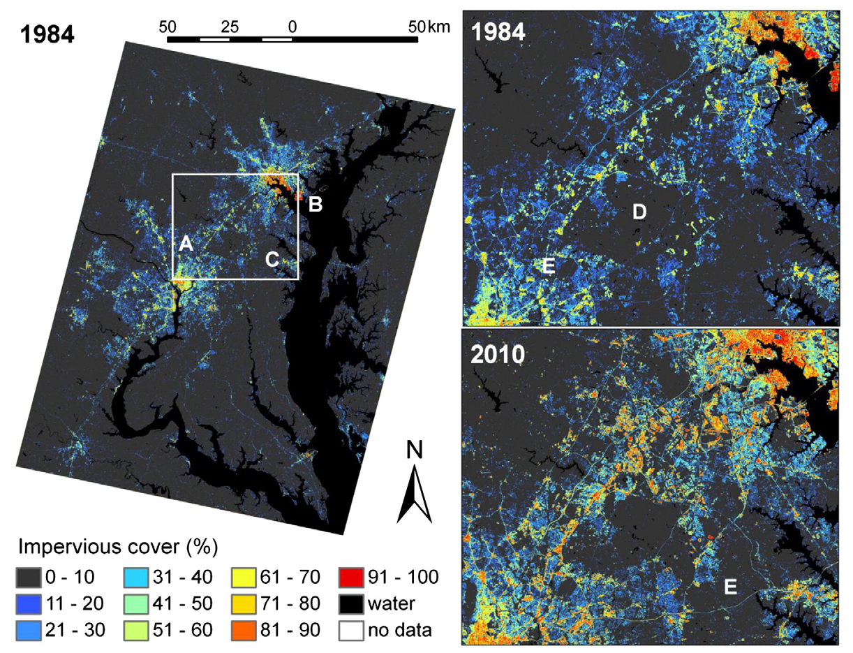 "Impervious surface cover of the study area in 1984, and growth of the D.C.–Baltimore corridor from 1984 to 2010. Points of interest are: (A) Washington, D.C.; (B) Baltimore, Maryland; (C) Annapolis, Maryland; (D) Patuxent Wildlife Research Refuge; and (E) US Highway 50." Figure from Sexton et al. 2013.