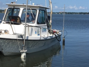 Instruments mounted to the vessel measured currents and water quality while researchers drove the boat slowly through each oyster farm and the area surrounding each farm. At the bow, an acoustic Doppler current profiler measured current speed and direction. Near the stern, a datasonde measured chlorophyll, turbidity, and dissolved oxygen. (Photographer: Grace Massey)