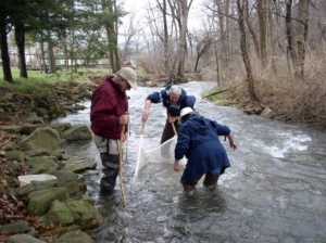 Citizen scientists can play a needed role in keeping an eye on water quality, according a team of researchers. Here, citizen scientists Ken Johnson (on the stream bank), Genie Robine (facing away from the camera) and Mick McKay (facing the camera) are using a kick net to capture macro-invertebrates for identification and counting. The presence and quantity of macros are indicators of stream health. IMAGE: CCPASEC