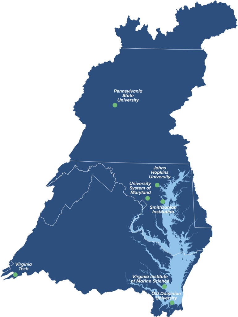 Map of the Chesapeake Bay Watershed with indications of where the seven CRC member institutions are located